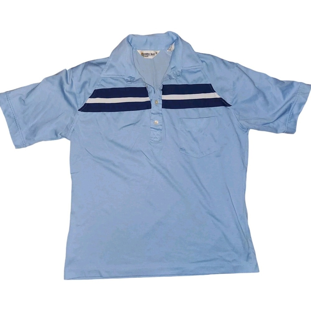 Vintage Morro Bay Mens Medium Blue Striped‎ Short Sleeve Polo Shirt Korea Made